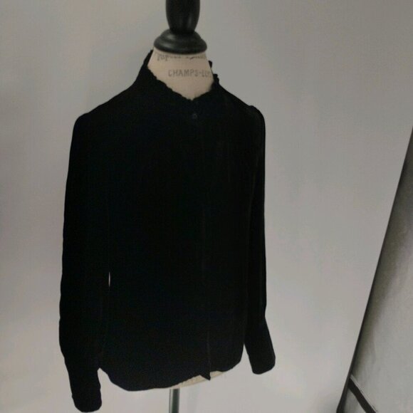 go silk velvet long sleeve black black button down ruffle collar washable silk - Picture 7 of 14